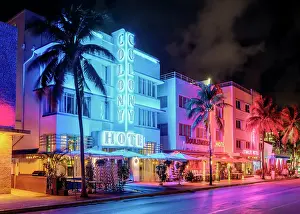 Ocean Drive Art Deco District, illuminated with iconic Neon Colors South Beach, Miami Beach, Florida, USA
