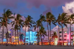 Art Deco Prints: Ocean Drive Art Deco District, illuminated with iconic Neon Colors South Beach