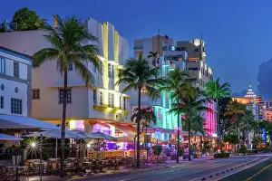 Ocean Drive Art Deco District, illuminated with iconic Neon Colors South Beach, Miami Beach, Florida, USA