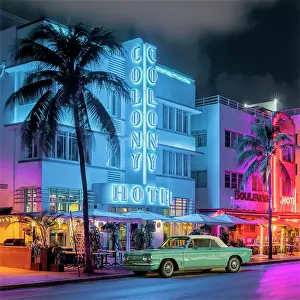 Ocean Drive Art Deco District, illuminated with iconic Neon Colors South Beach, Miami Beach, Florida, USA