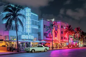 Ocean Drive Art Deco District, illuminated with iconic Neon Colors South Beach, Miami Beach, Florida, USA