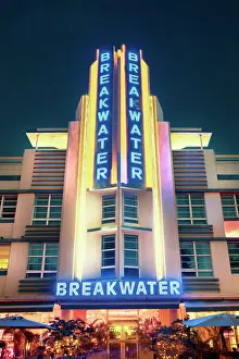 Ocean Drive Art Deco District, illuminated with iconic Neon Colors South Beach, Miami Beach, Florida, USA