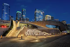 Washington Prints: Ocean Pavillion of Seattle Aquarium and downtown skyline by night