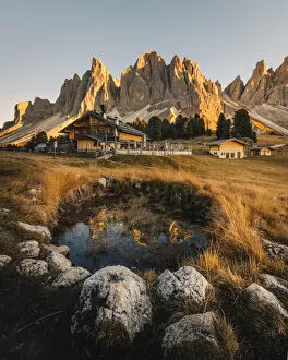 Odle Mountain group during sunset, Funes Valley, South Tyrol, Italy