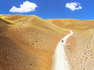 Brown Prints: Off-road vehicle among colorful slopes, Vega de los Colorados, Puna, Catamarca, Argentina