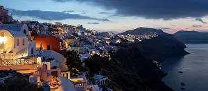 Oia and Finikia at dawn, Santorini, Cyclades Islands, Greece, Europe