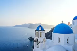 Images Dated 29th July 2021: Oia, Santorini, Cyclades, Greece; The famous blue domes of the churches of Oia
