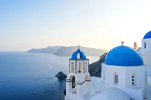 Blue Dome Prints: Oia, Santorini, Cyclades, Greece; The famous blue domes of the churches of Oia