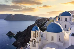 Oia village, Santorini, Cyclades Islands, Greece. Sunset, blue hour