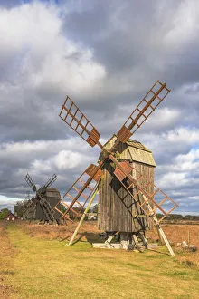 Oland, Eastern Sweden, Northern Europe. Typical windmills along the road