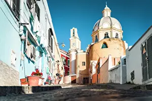 Catholicism Prints: Old alleys and Santa Maria Delle Grazie church in La Corricella fishing village