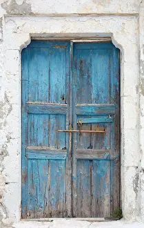 Blue Door Prints: Old blue door and white wall, Pyrgos, Santorini, Cyclades Islands, Greece, Europe