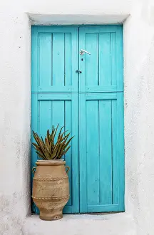 Blue Door Prints: Old blue door and white wall, Pyrgos, Santorini, Cyclades Islands, Greece, Europe