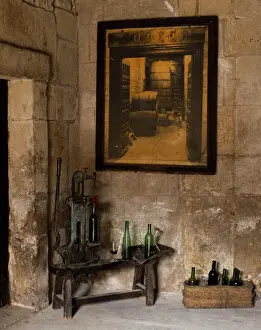 Viniculture Prints: An old bottling machine inside a disused winery in the village of Abalos