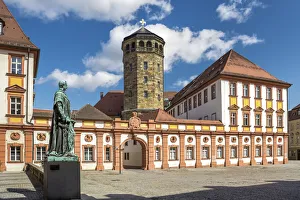 Franken Prints: Old castle with Maximilian monument and castle tower, Bayreuth, Upper Franconia, Bavaria