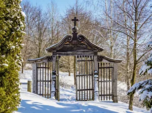 Lublin Voivodeship Prints: Old Church Gate, Lublin Open Air Museum, winter, Lublin Voivodeship, Poland