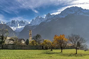 Images Dated 22nd April 2022: Old church and snowcapped Sciore mountains in autumn, Soglio, Val Bregaglia, Graubunden canton