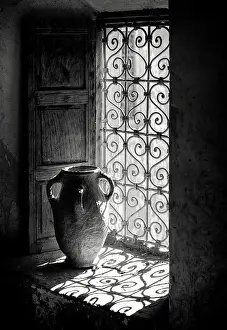 Atlas Mountains Prints: Old clay pot on window ledge, Telouet Kasbah, Atlas Mountains, Morocco