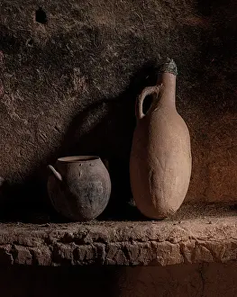 North African Prints: Old clay pots on a ledge inside 17th century Kasbah Amridil, Skoura, Morocco