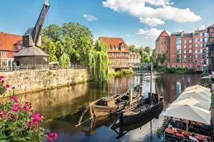 Hanseatic League Prints: Old crane on the Ilmenau, in the background Luner mill and Abbot`s Mill