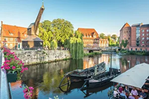 Luneburg Prints: Old crane on the Ilmenau, in the background Luner mill and Abbot`s Mill