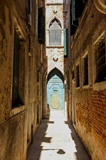 Old door at the end of an alley, Venice, Veneto, Italy
