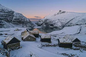 Saksun Prints: The old Duvugarðar farm in Saksun covered by snow. Streymoy, Faroe Islands