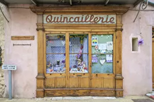 Images Dated 7th July 2014: Old faA┬ºade of hardware store with pained sign for Quincaillerie, Sault, Vaucluse