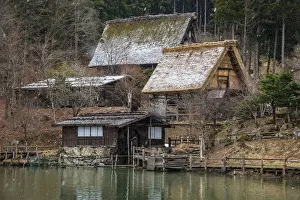 Prefecture Prints: Old farmhouses under a snowfall at Hida Minzoku Mura Folk Village, Takayama, Gifu