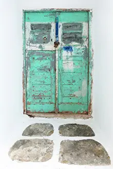 Mykonos Prints: Old green door in whitewashed wall