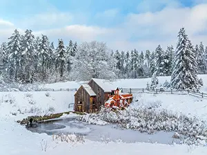 Mill Prints: The Old Guildhall Grist Mill in winter, Northeast Kingdom, Guilhall, Vermont, USA