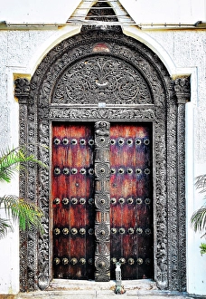 Zanzibar Prints: Old heavy carved wooden door, Stonetown, Zanzibar, Tanzania
