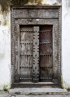 Zanzibar Prints: Old heavy carved wooden door, Stonetown, Zanzibar, Tanzania