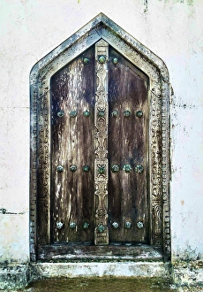 Carved Prints: Old heavy carved wooden door, Stonetown, Zanzibar, Tanzania