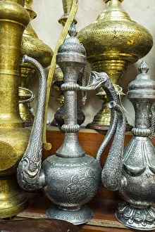 Metal Prints: Old metal jugs in a Souk, Dubai, United Arab Emirates
