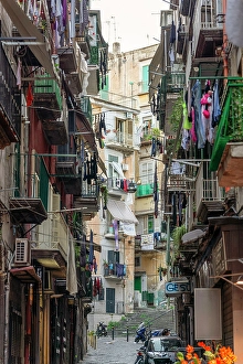 Crowded Prints: Old narrow alley on Vomero hill, Naples, Campania, Italy