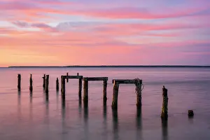 Dock Prints: Old pier pillars at sunrise on Cape Cod, Falmouth Heights, Massachusetts, USA