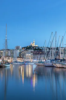 The Old Port of Marseille and Notre-Dame de la Garde at Dusk, Marseille, Provence-Alpes-Cote d'Azur, France