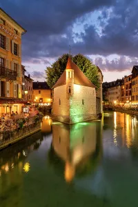 Annecy Prints: The Old Prison on Thiou Canal at Night, Annecy, Haute-Savoie, France