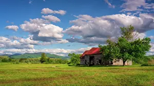 Abandoned Prints: Old Red barn under clouds, Northeast Kingdom, Guildhall, Vermont, USA