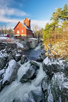 Watermill Prints: The Old Red Mill in winter, Green Mountains, Jericho, Vermont, USA
