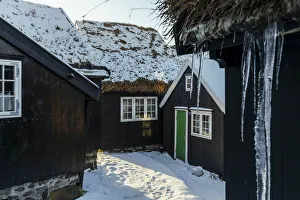 Turf House Prints: The old Reyn area in Torshavn covered by snow. Streymoy, Faroe Islands