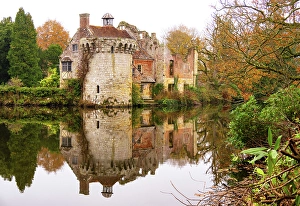English Castle Prints: Old Scotney Castle reflected in the lake, Kent, England