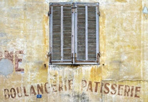 Old shutters and weathered Boulangerie-Patisserie bakery sign, Cassis, Bouches-du-RhAA┬┤ne