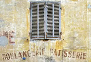 Shops Prints: Old shutters and weathered Boulangerie-Patisserie bakery sign