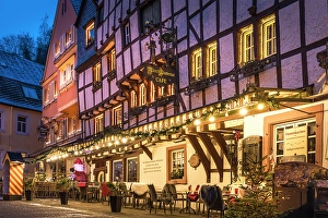 Moselle Wine Prints: Old town with Christmas decorations at blue hour
