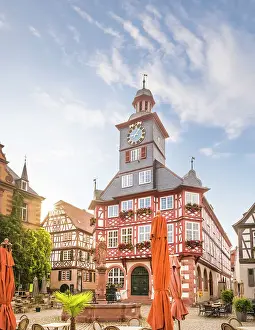 Old Town Hall Prints: Old town hall and historic half-timbered houses on the market square of Heppenheim