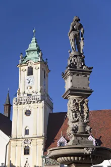 Old Town Hall Prints: Old Town Hall and Roland Statue in Hlavne Square, Bratislava, Slovakia
