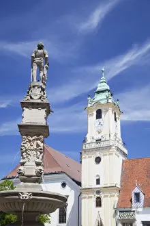 Old Town Hall Prints: Old Town Hall and Rolands Fountain in Hlavne Nam (Main Square), Bratislava