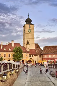 Historic City Prints: Old Town Hall Tower (Council Tower) and Piata Mica at dusk. Sibiu, Transylvania. Romania